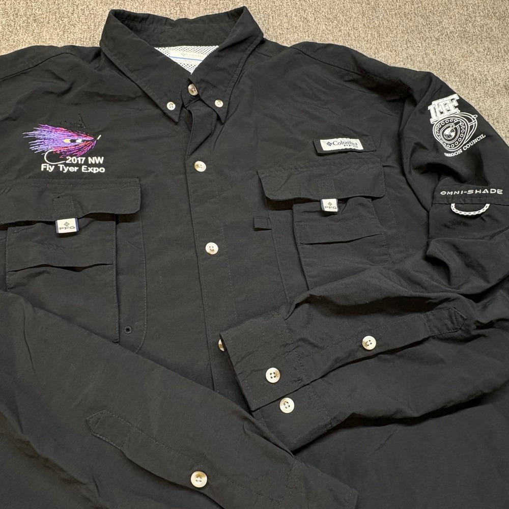Columbia PFG Bahama II Fishing Shirt Mens XL Black Long Sleeve Fly Tyer Expo UPF